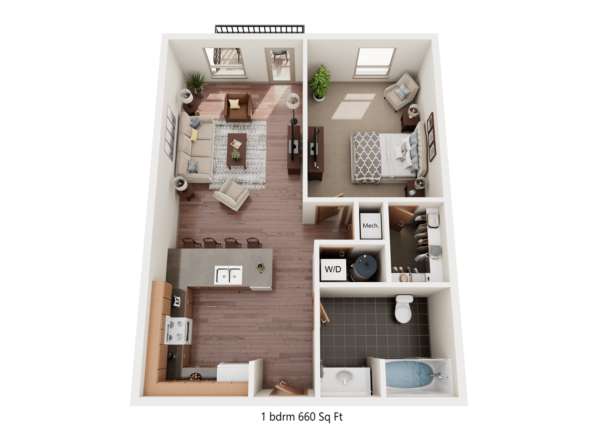 A 1 bedroom 660 square foot apartment with a living room, kitchen, and bathroom.